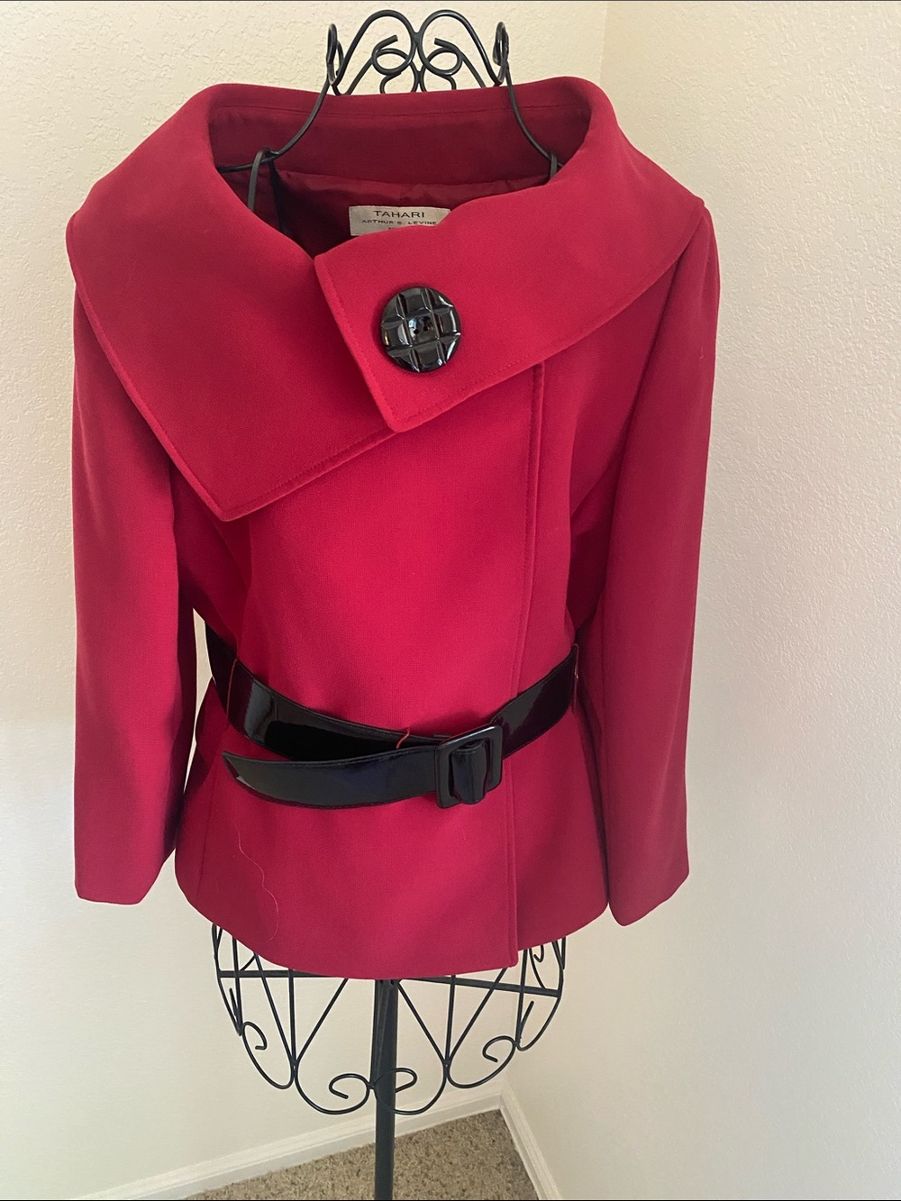 Tahari Red Asymmetric Collar Pea Coat with Glossy Black Belt